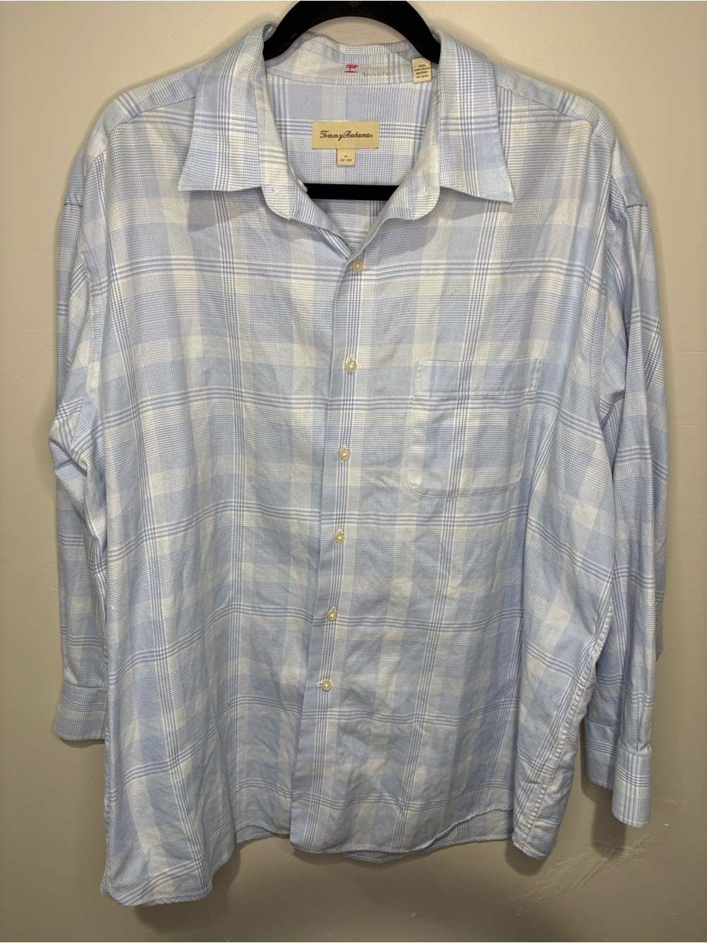 Tommy Bahama Men’s 17 32/33 Light Blue Plaid Cotton Button Up Shirt